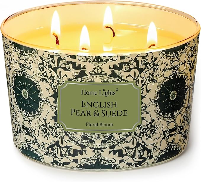 HomeLights Soy Wax Candles for Home Scented, 4-Wick Candles in English Pear & Suede Scented, Aromatherapy Candles Gift for Parties, Relaxing, Bohemian Natural Textures, 18oz
