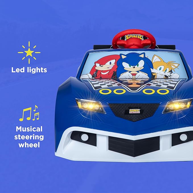Sonic The Hedgehog 6V Grand Prix Kids Ride on Car, Rechargeable Battery, Working Headlights, Sounds, Hood Storage, 1.9mph Speed, Exciting Ride On Toys for Children Ages 3 and Up