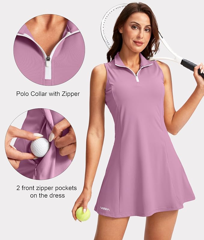 Viodia Women's Tennis Golf Dress with Shorts | Active, Exercise, Workout, Sports, Athletic, Dresses for Women, with Zipper Pockets
