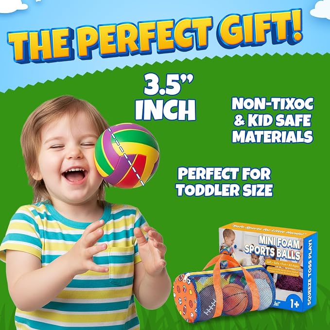 Sports Balls for Toddlers 1-3, 6 Piece Soft Sports Balls with Foam Soccer, Basketball, Football, Baseball, Tennis & Volleyball - Toddler Boys & Girls Ball Toy Gift