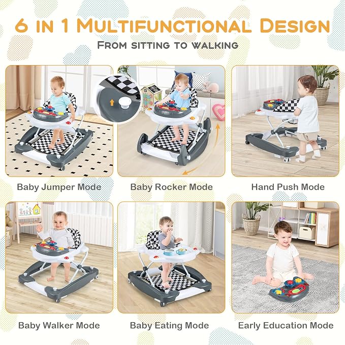 BABY JOY 6-in-1 Baby Walker, Foldable Baby Walker with Wheels, Adjustable Height, Music, Lights, Bouncer & Rocker Mode, Baby Walkers for Boys Girls 6-14 Months (Gray)