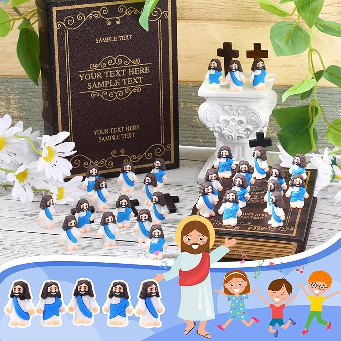 Bememo 300 Pcs Little Jesus Figures Bulk Original Design Mini Pocket Jesus Toys Rubber Figurine to Hide and Seek Religious Party Favors Sunday School Craft Baptism Gifts(Blue)