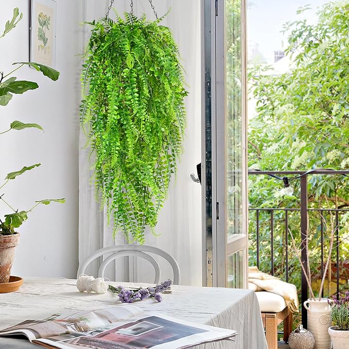 Waipfaru 4Pcs Fake Ferns Fake Hanging Plants Artificial Ferns Vine Greenery | UV Resistant Faux Outdoor Plants Ivy Vines for Modern Boho Patio Outdoor Indoor Party Wall Porch Gazebo Aesthetic Decor