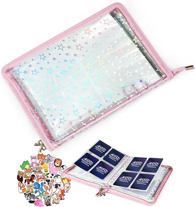 4 Pocket Card Binder for Girls with 20 Stickers, A5 Kpop Photocard Binder, Trading Card Binder for 400 Cards, Card Collection Binder, Sticker Organizer (Pink)