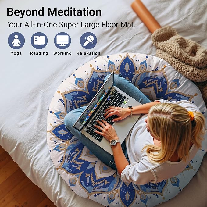 Meditation Cushion Set of 2, Round Floor Pillow Seating for Adults, Bohemian Mandala Yoga Cushion, 32" Extra Thick Memory Foam Removable Washable Cover, Ideal Gift Holiday Decor, Blue