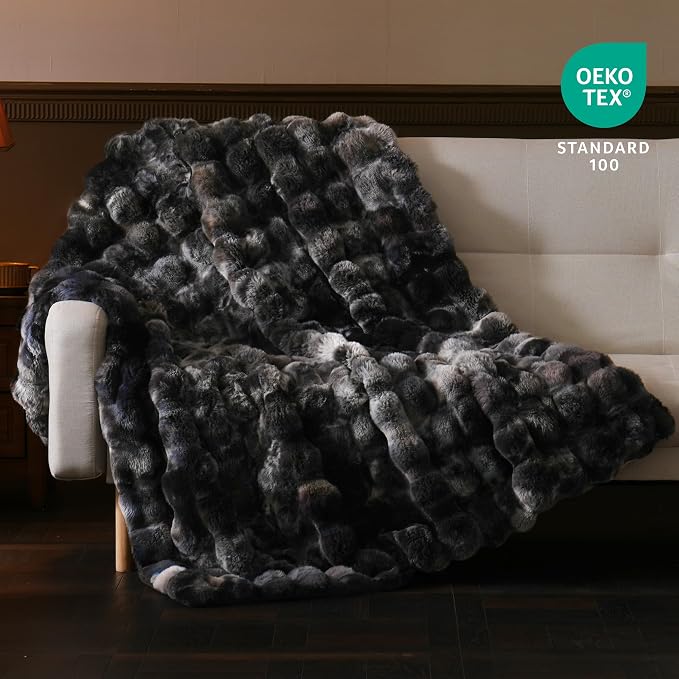 BENVWE Fluffy Faux Fur Throw Blanket for Couch, Soft Plush Thick Cozy Fuzzy Luxury Minky Bubble Blanket for Home Living Room Decor Gift for Women, Tie-dye Grey, 63" x 80", 1100GSM