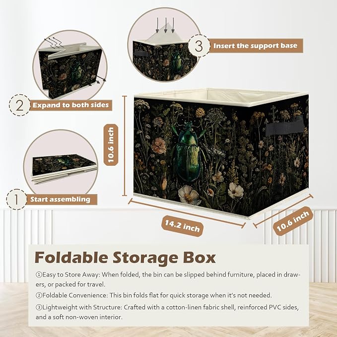 Moody Green Beetle Floral Storage Box Bins, Dark Cottagecore Wildflower Insect Collapsible Storage Basket Organizer for Bedroom Laundry Room Home Clothes Books, Decor for Room