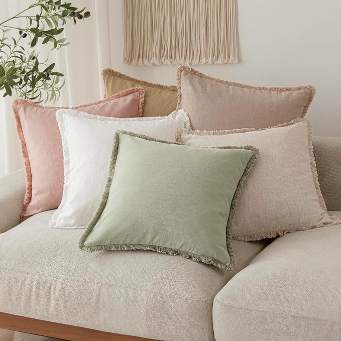 Foindtower Set of 2 Decorative Fringe Throw Pillow Covers Boho Farmhouse Cushion Cover with Tassels Soft Accent Pillowcase for Couch Sofa Bed Living Room Home Decor,20×20 Inch,Light Sage Green