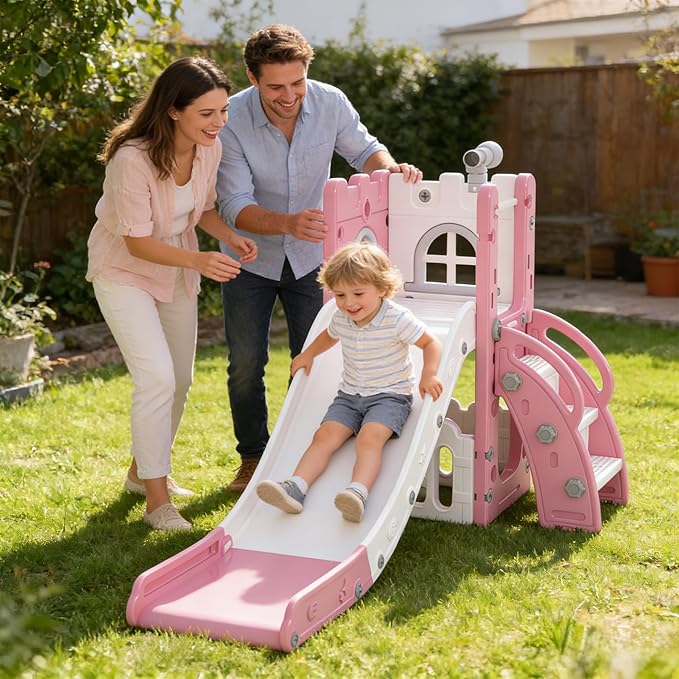 6 in 1 Toddler Slide Playset, Kids Indoor Outdoor Playground with Basketball Hoop,Storage and Telescope,Toddler Climber Slide Activity Center