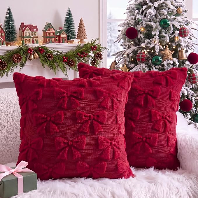 Mixweer Burgundy Bow Pillow Covers Set of 2 Preppy Room Decor Coquette Cute Spring Summer Decorative Faux Fur Soft Bowknot Stuff Fluffy Plush Aesthetic Pillowcase for Bed Sofa Couch (20 x 20 Inch)
