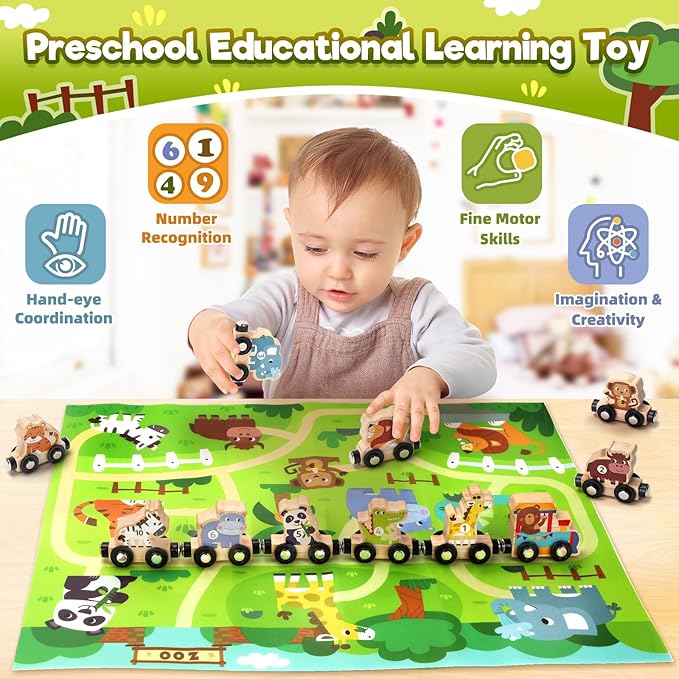 Montessori Toys for 1 2 3 Year Old Boys, Toddler Toy 2-3 Years Girls Boy Gifts Magnetic Wooden Train Kids Toys for Ages 2-4 Preschool Learning Activities Farm Animals with Track Mat