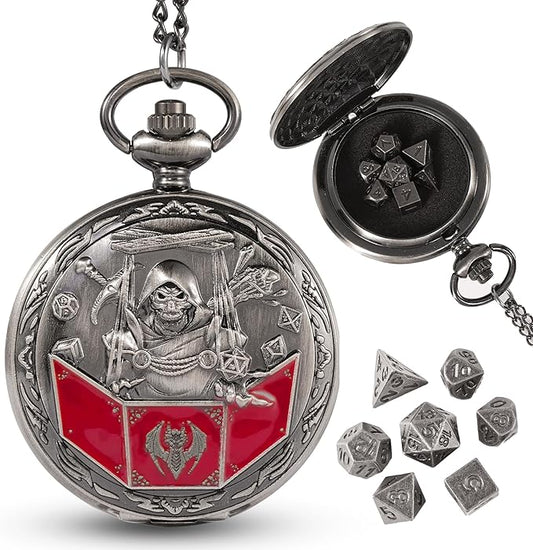 D&D Dice Set,7PCS Metal Dice for Dungeons and Dragons,Mini Dice Set with Pocket Watch Case,Role Playing Board Games Accessories (DM, Ancient Silver)