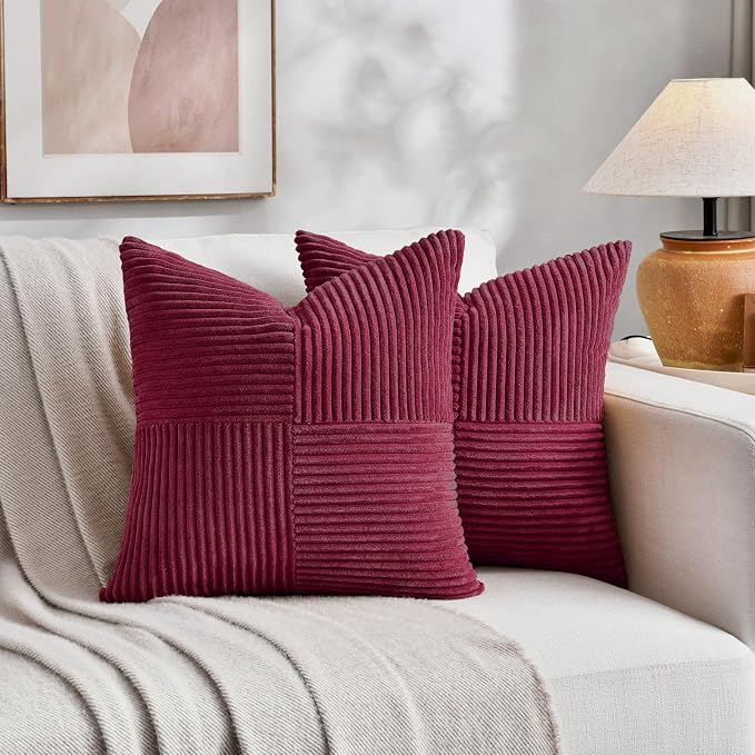 Fancy Homi 2 Packs Burgundy Samll Decorative Throw Pillow Covers 14x14 Inch with for Couch Bed Sofa, Rustic Farmhouse Boho Home Decor, Soft Corss Patchwork Corduroy Square Cushion Case 35x35 cm