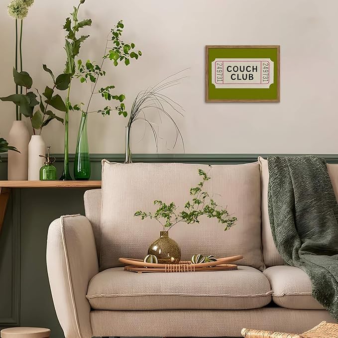 Vintage Framed Wall Art, Couch Club Ticket Canvas Wall Decor Painting, Retro Green Minimalist Quote Poster Print Picture for Living Room Bathroom Home Decor 16x24 Inch