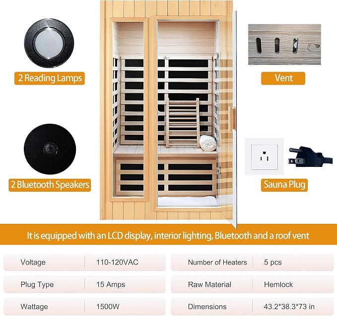 2 Person Sauna, Low EMF Far Infrared Sauna, 1500W Hemlock Wood Sauna Indoor Sauna Infrared Sauna for Home with Bluetooth Speakers, Reading Lamps, Tempered Glass