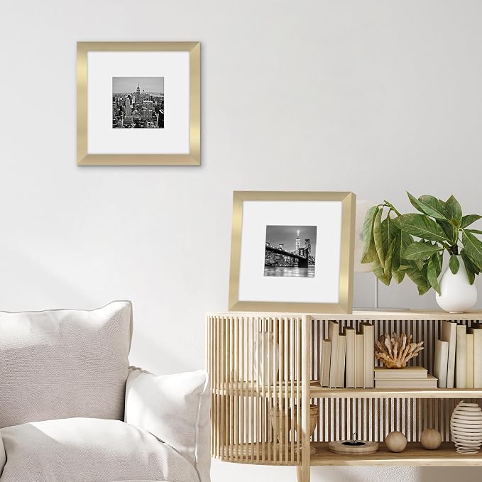Americanflat 8x8 Picture Frame - Matted to 4x4 - Engineered Wood - Gold | Shatter-resistant glass, wall or tabletop display with included easel, sawtooth hangers included, use with or without mat