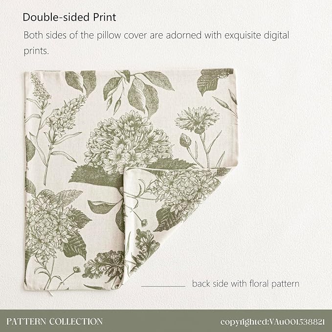 Foindtower Set of 2 Linen Floral Throw Pillow Covers Vintage Accent Print Decorative Cushion Covers Farmhouse Boho Home Decor for Sofa Chair Couch Bedroom Living Room,20×20 Inch,Sage Green