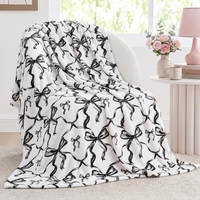 Black Bow Throw Blanket 50"x60" Soft Flannel for Girls Women | Coquette Aesthetic Decor with Ruffled Edges, Ultra Plush Bed Sofa Blanket, Preppy Gift for Teens, Back to School Dorm Room