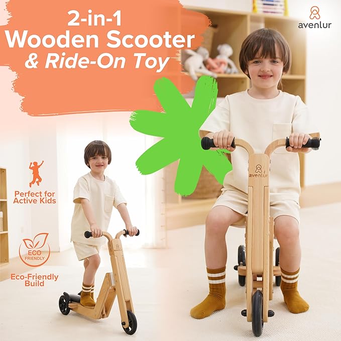 Avenlur Juneberry 2-in-1 Wooden Scooter & Ride-On Toy – Toddler Balance Bike & Scoot Toy for 2yr–5yr | Hape Scoot Bike Style, Best Gift for Boys & Girls Age-Appropriate Toys | Indoor Ride-On