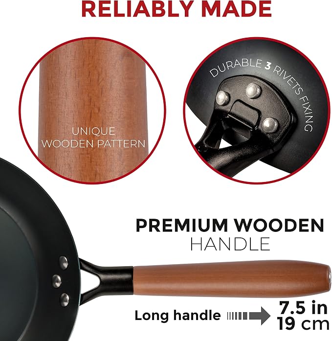 YOSUKATA 10 1/4" Carbon Steel Frying Pan – Non-Toxic Pre-Seasoned Skillet with Removable Wooden Handle – Coating-Free Wok-Style Pan for Gas, Induction, Electric, Oven & Grill BBQ