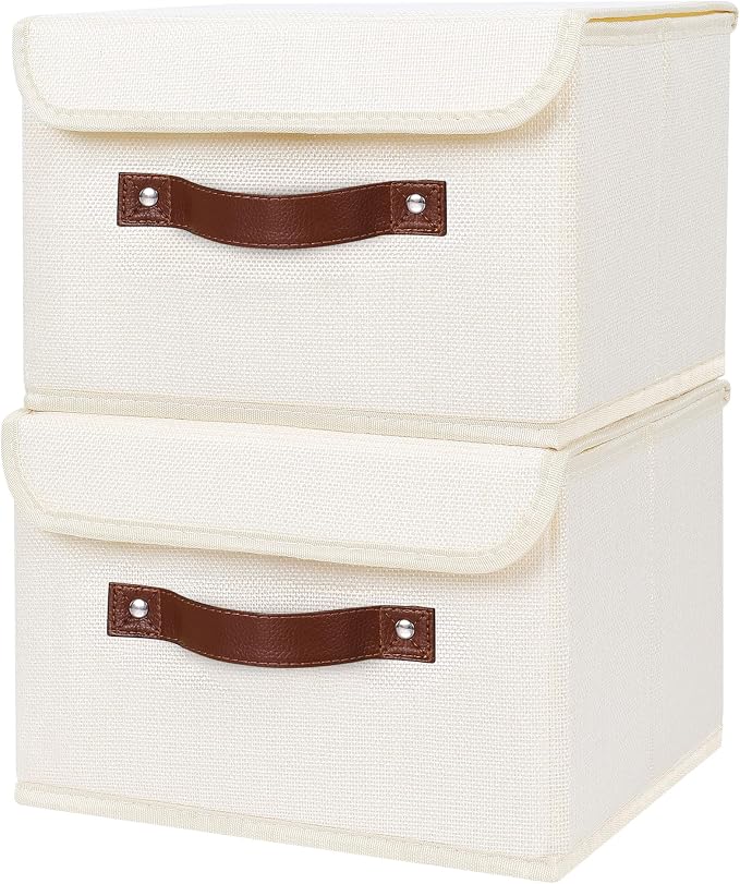 ANMINY Fabric Storage Box Bins with Lids, Beige, 10"x8"x7", 2 Pack | Keepsake Memory Storage, Cotton Linen, PP Board Reinforced, Washable, PU Handles, Foldable & Stackable, Decorative, Small