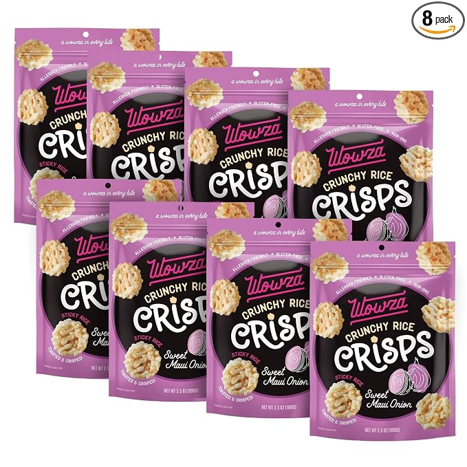 Wowza Sweet Maui Onion Crunchy Rice Crisps | Gluten Free, Non-GMO, 8 Pack | Sweet & savory flavor, Healthy chip alternative, Kid-friendly, 3.5 oz bags, No artificial flavors, Allergen-friendly, Umami
