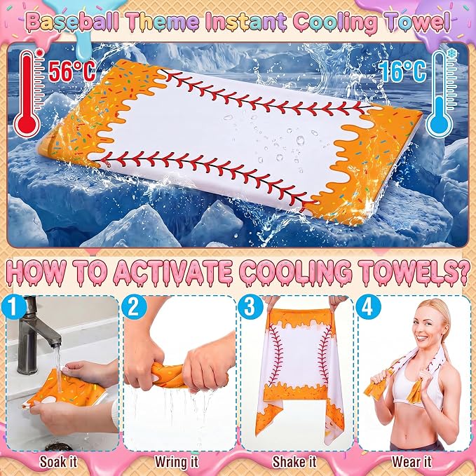 Peryiter 24 Pcs Ice Cream Drip Baseball Party Favors 12 Cooling Towels 12 Drip Drawstring Bags Bulk Sport Gifts for Teams Summer Camping Yoga Running Supplies, Chilly and Absorbent(Innovative)