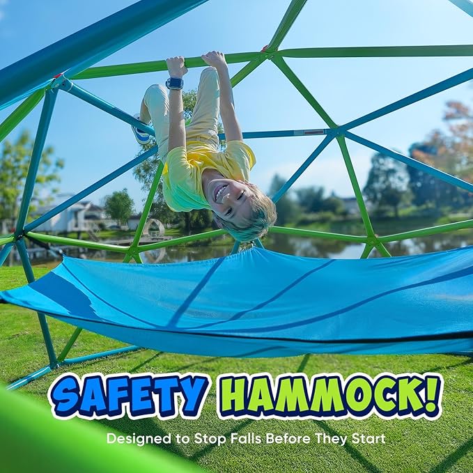 Zupapa 10FT Climbing Dome with Hammock, Outdoor Jungle Gym for Kids, Geometric Dome Climber Supporting 1200LBS Outdoor Play Equipment, Cyan&Green