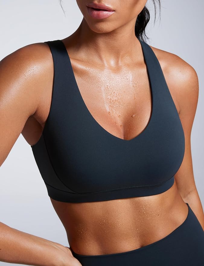 CRZ YOGA Butterbreeze Criss Cross Back Sports Bras for Women - V Neck Adjustable Straps Padded Workout Training Crop Top
