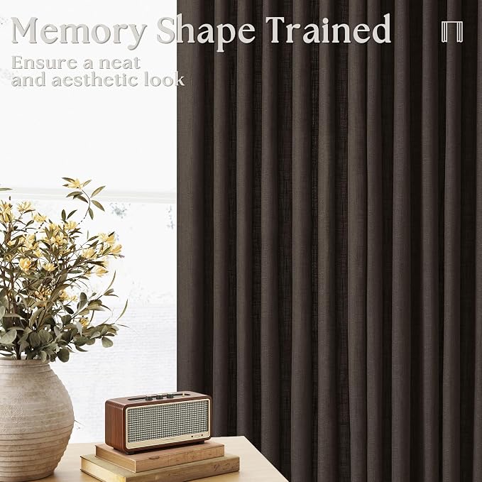 Dark Chocolate Pleated Linen Semi Sheer Curtains 45 Inch Length 2 Panels | for Kitchen Small Bay Window Basement, Pinch Pleated with Hooks Rings Back Tab, Memory Shape, Thick Linen Semi Sheer, W40xL45