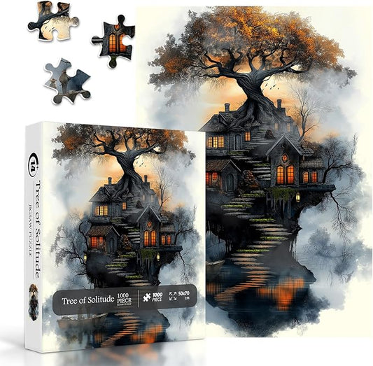 Fantasy Treehouse Puzzles for Adults 1000 Pieces, Nature Tree Art Jigsaw Puzzle with Forest Cottage, Sunset Sky, Dreamy Lake Aesthetic Puzzle, Hard Challenging Puzzle for Adults
