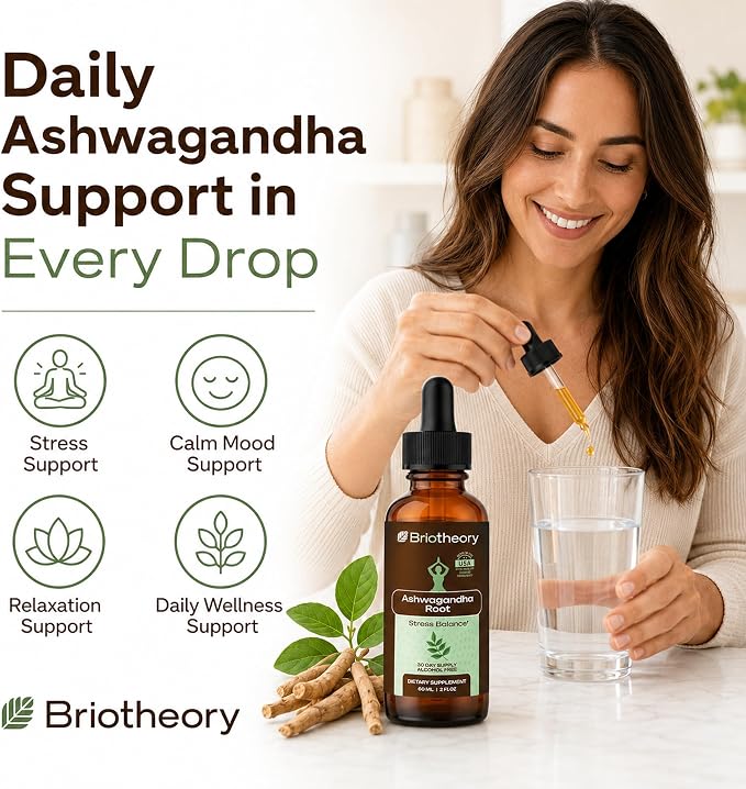 Liquid Ashwagandha Drops | Ashwagandha Tincture Herbal Supplement for Stress Relief, Sleep Support & Energy | Alcohol-Free, Vegan, Non-GMO – 60ml (30 Days Supply)