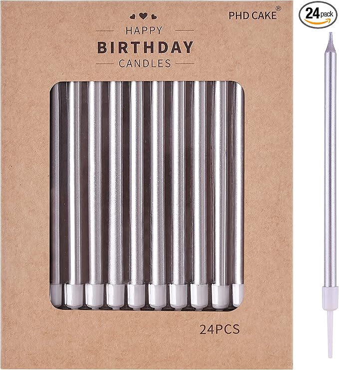 PHD CAKE Silver Long Thin Metallic Birthday Candles, Cake Candles, Birthday Parties, Wedding Decorations, Party Candles