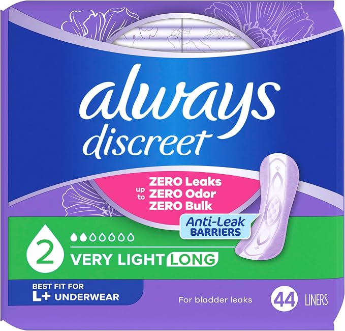 Always Discreet Incontinence Panty Liners for Bladder Leaks, Size 2, Very Light Absorbency, Long Length, 44 CT