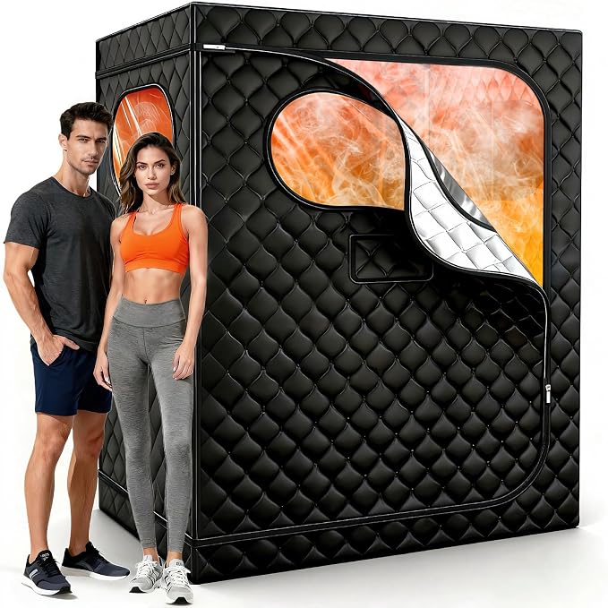 2 Person Sauna, Upgraded Portable Sauna for Home, Extra Large Personal Steam Sauna Box with 2 Steamer, 2 Folding Chair, 71”x 49”x 36”, Full Body Steam Tent at Home Sauna for Relaxation Spa, Black