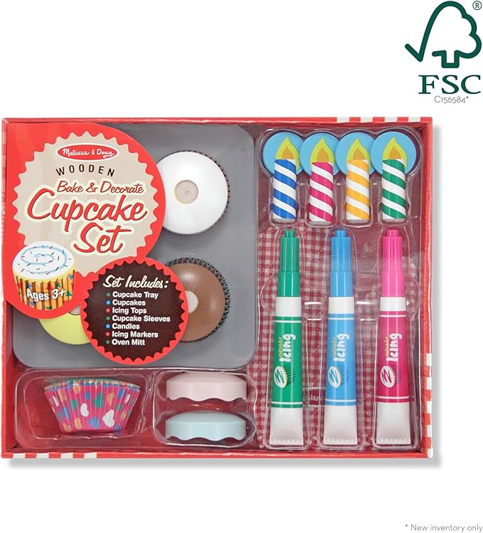 Melissa & Doug Bake & Decorate Wooden Cupcake Kit, with Play Food, Toppings & Play Kitchen Accessories, Preschool Learning Toys for Girls & Boys 3+