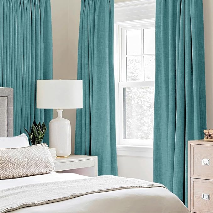 MIULEE 100% Blackout Linen Textured Curtains for Bedroom Solid Thermal Insulated Teal Grommet Room Darkening Curtains & Drapes Luxury Decor for Living Room 52 x 96 Inch (2 Panels)
