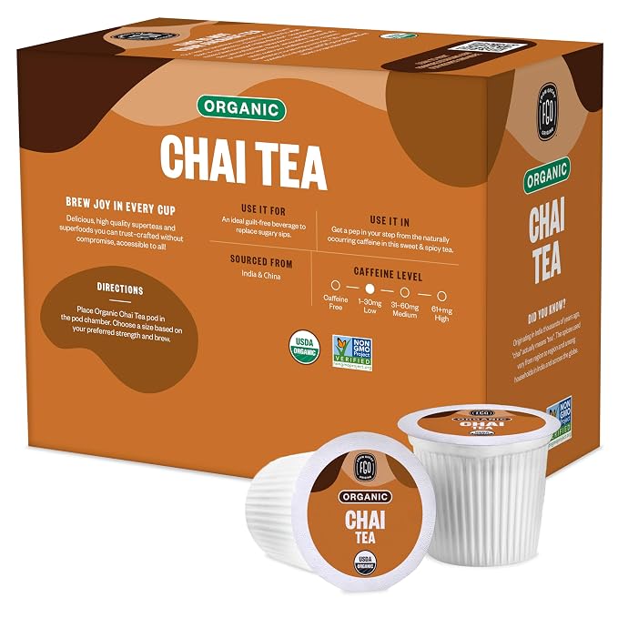 FGO Organic Chai Black Tea K-Cup Pods for Keurig, 24 Count (Pack of 1), Premium Black Tea with Chai Spice is USDA Organic, Non-GMO, & Recyclable with Naturally Occurring Caffeine