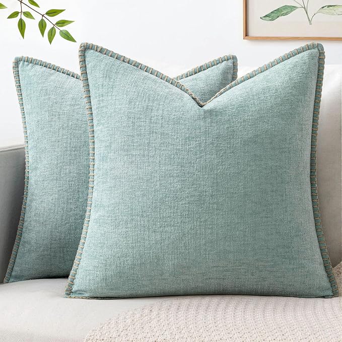 MIULEE Decorative Couch Throw Pillow Covers 20x20 Inch Coastal Light Blue | 2 Pack, Farmhouse Pillow Covers with Stitched Edge, Soft Chenille Cushion Cases, for Sofa Bed Living Room Home Decor