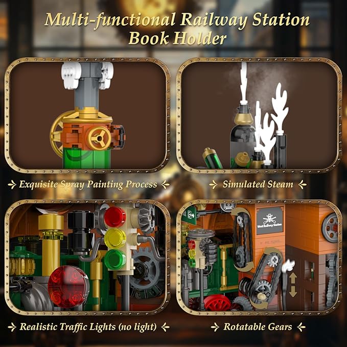 JMBricklayer Steampunk Train Station Building Set - 2 in 1 Train & Bookends Set for Adults, Home Decor & Bookshelf Organizer, Ideal Collectible Model for Boy, Girl, Teen (1379 Pcs)