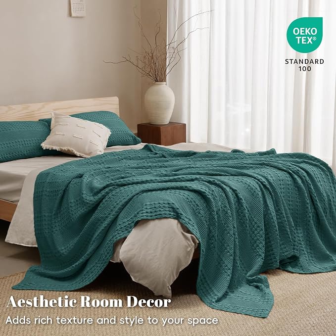 PHF 100% Cotton Waffle Weave Blanket Queen Size, Lightweight Breathable Summer Blanket for Hot Sleepers, Pre-Washed Soft Layer for Bed, Couch, Aesthetic Home Decor & Gift, 90"x90", Teal