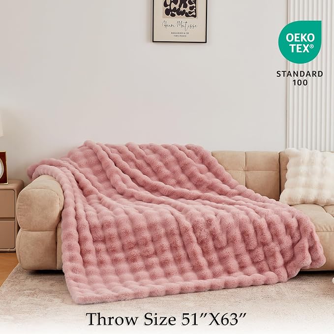 BENVWE Faux Fur Throw Blanket for Couch - Fluffy Soft Thick Bubble Blanket for Living Room Home Decor - Mothers Day Birthday Gifts for Women, Dusty Pink, 51" x 63"