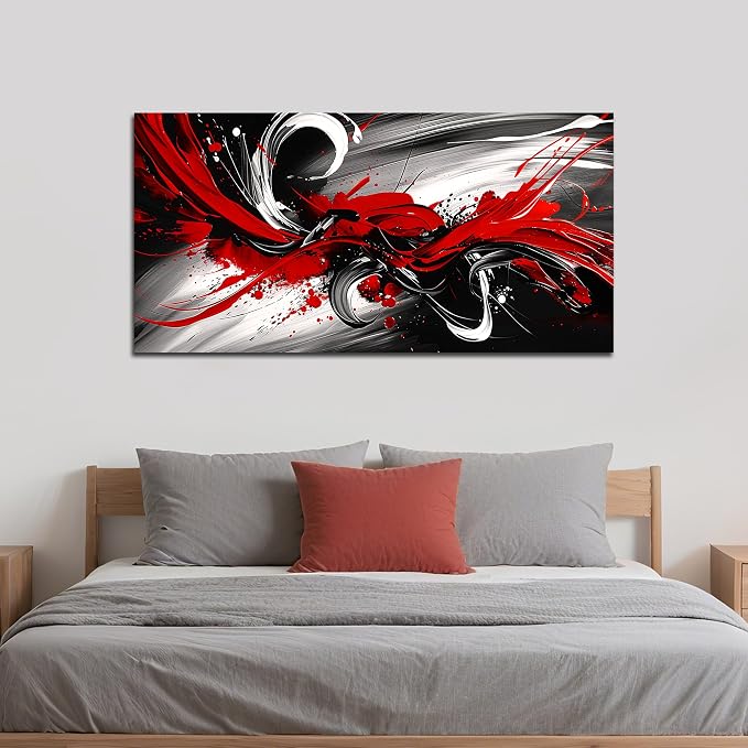 Black and White Red Large Canvas Wall Art for Living Room Framed Print Picture Painting Bedroom Office Wall Decor Modern Room Abstract Wall Decorations Artwork Size 20x40 Ready to Hang