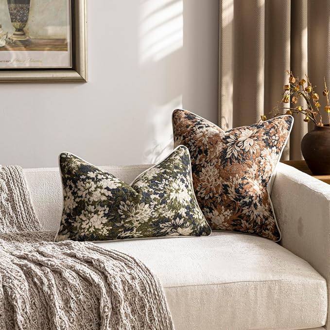 Pack of 2 Vintage Floral Pillow Covers 12x20 Boho Farmhouse Accents Chenille Rectangular Lumbar Decorative Throw Pillow Cases for Living Room Couch Bed Home Decor, Olive Green