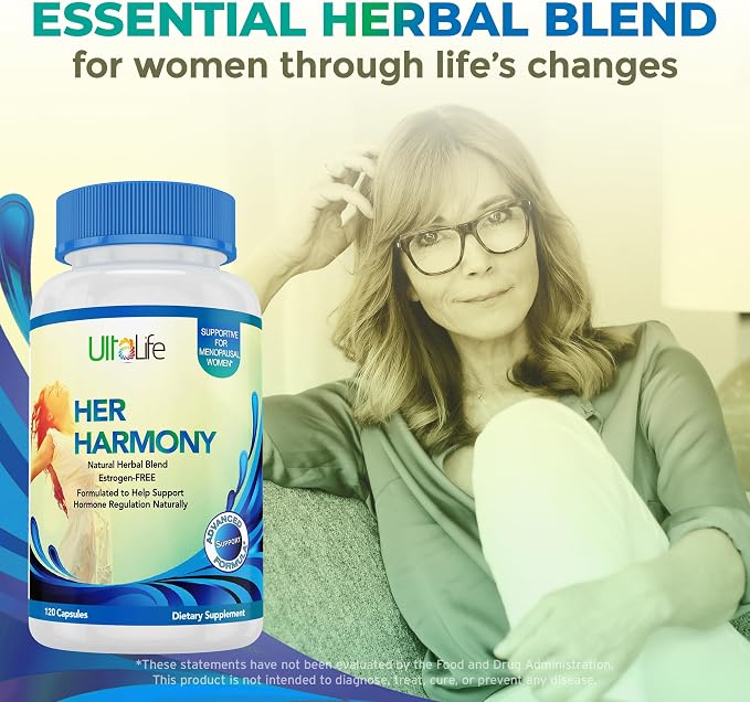 UltaLife Her Harmony Menopause Supplements for Women - Hot Flashes Menopause Relief & Hormone Balance for Women - Contains Black Cohosh, Dong Quai, Red Clover & More - Estrogen Free - 120 Capsules
