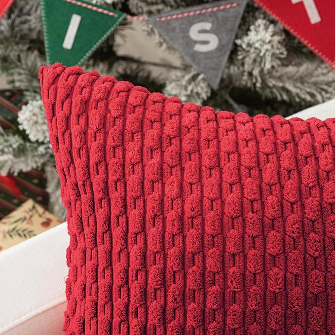 Kevin Textile Soft Corduroy 14"x24" Lumbar Pillow Cover 1 Pack, Red | Boho Stripe Plush Corduroy Decorative Oblong Cushion Cover Modern Farmhouse Home Decor for Sofa Couch Bed Chair