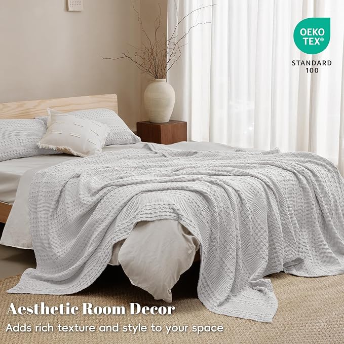 PHF 100% Cotton Waffle Weave Blanket Queen Size, Lightweight Breathable Summer Blanket for Hot Sleepers, Pre-Washed Soft Layer for Bed, Couch, Aesthetic Home Decor & Gift, 90"x90", Light Grey
