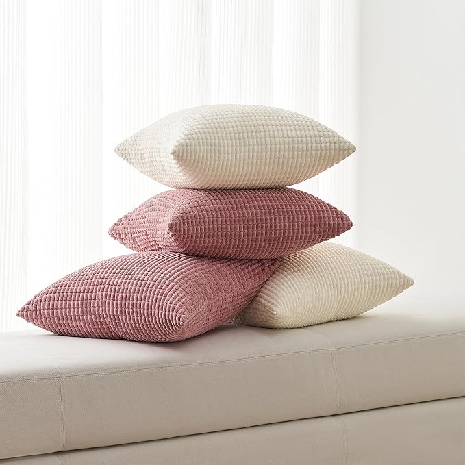 Topfinel 4 Packs Cream White Decorative Throw Pillow Covers 16x16 Inch for Living Room Couch Bed Sofa, Boho Western Farmhouse Home Decor, Soft Plush Corduroy Cute Square Beige Cushion Case 45x45 cm