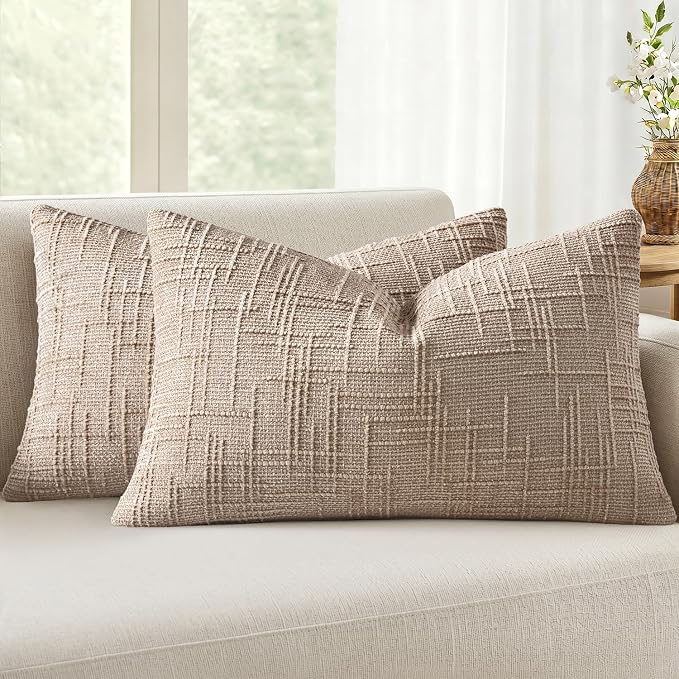 MIULEE Chenille Textured Lumbar Throw Pillow Covers Oatmeal 12x20 Set of 2 | Slubby Decorative Pillows, Boho Farmhouse Home Decor, Modern Neutral Cushion Covers for Couch Sofa Bed Living Room