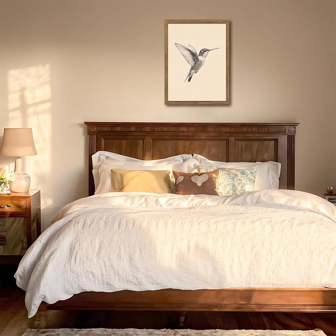 Vintage Framed Wall Art, Birds Canvas Prints, Hummingbird Sketch Painting Picture, Neutral Farmhouse Artwork Wall Decor for Living Room Bedroom – Dark Wooden Frame 8x10in